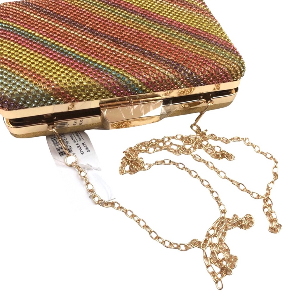 Alessia Gold & Colorful Rhinestone Clutch With Gold Chain. NEW - Picture 2 of 6